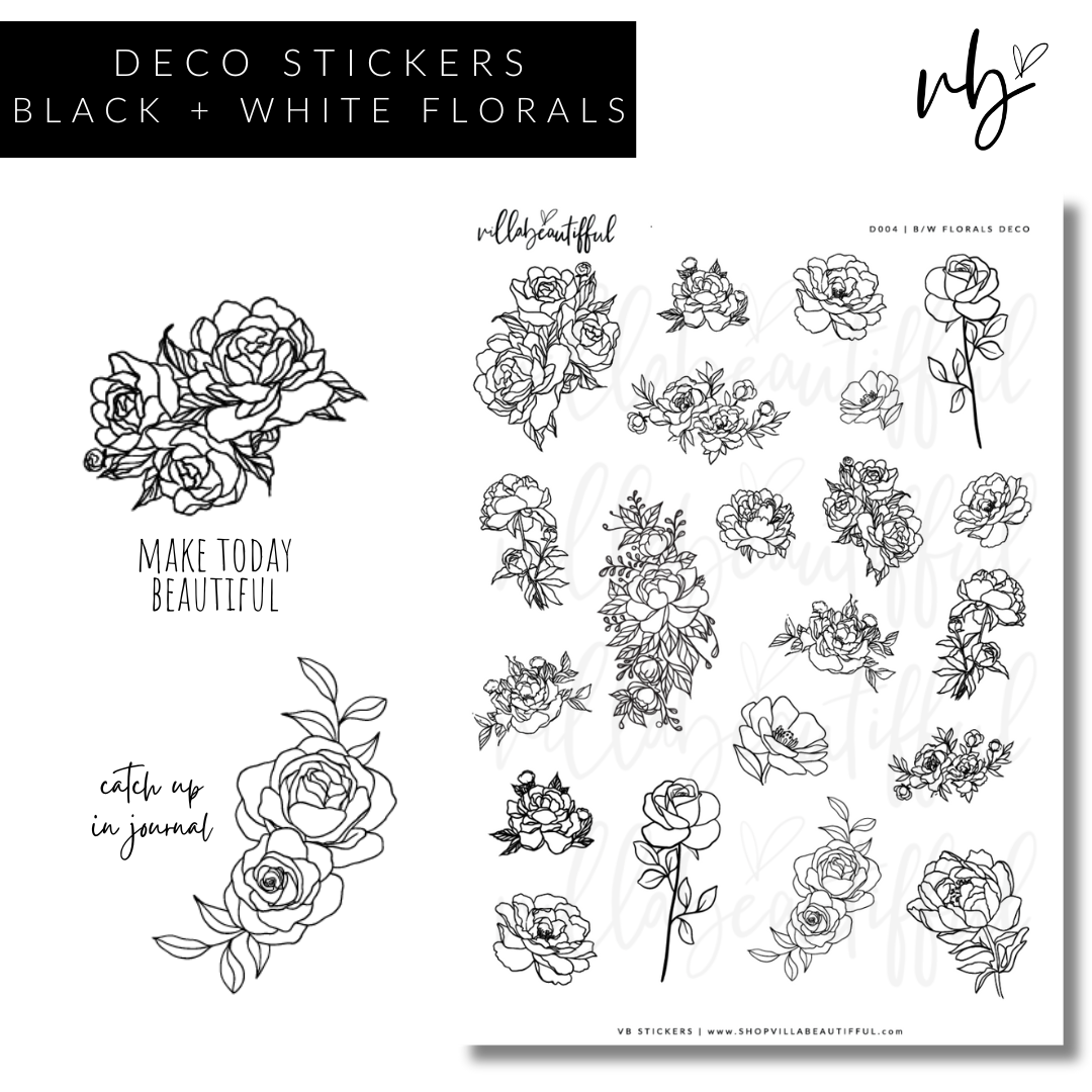 Sticker Sheet | D004 Black + White Florals